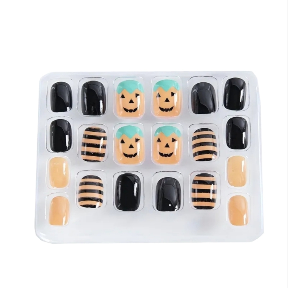 Halloween full cover false nails pumpkin design